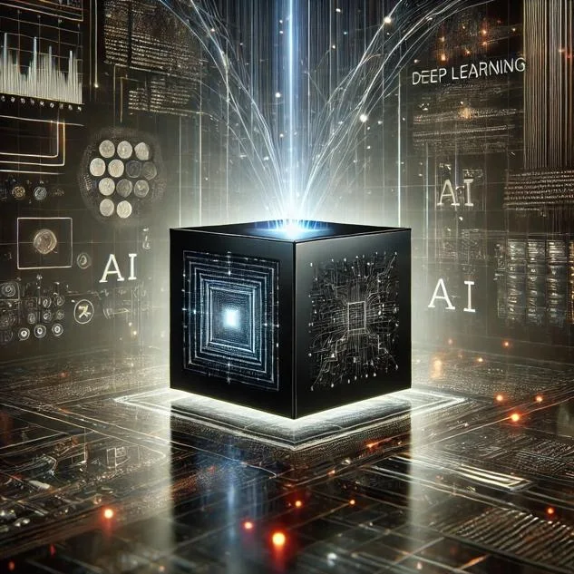 A conceptual representation of 'black box AI'. A sleek, futuristic black cube in the center of the image, with glowing lines and circuits indicating complex technology. The cube is surrounded by data streams, digital code, and abstract patterns that suggest deep learning and AI processes occurring inside the box. The cube is opaque and mysterious, giving a sense of hidden complexity, with only some faint glowing lights hinting at the activity within. The background is a high-tech digital environment, creating a sense of advanced, unknown technology.