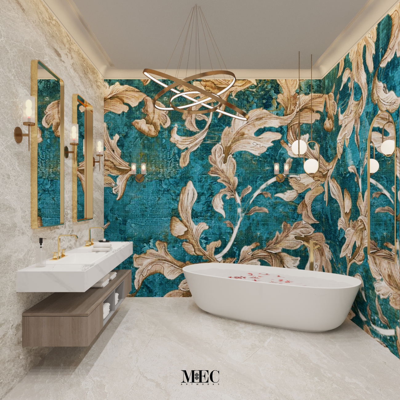 Elegant bathroom with floral turquoise mosaic wall, modern bathtub, and gold accents for luxury interiors.