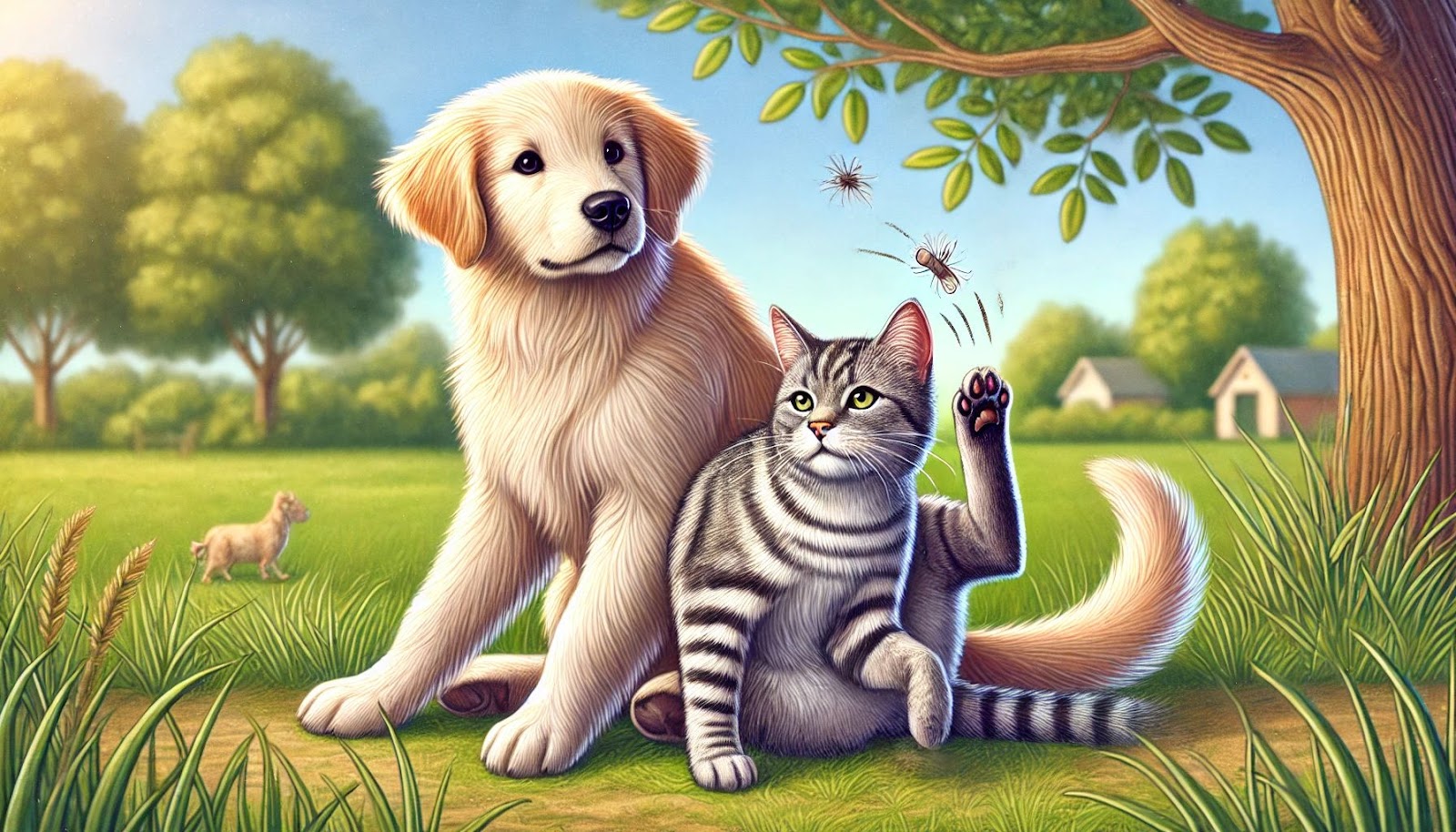 Drawing of a golden retreiver puppy and grey striped cat outside, itching and scratching themselves.