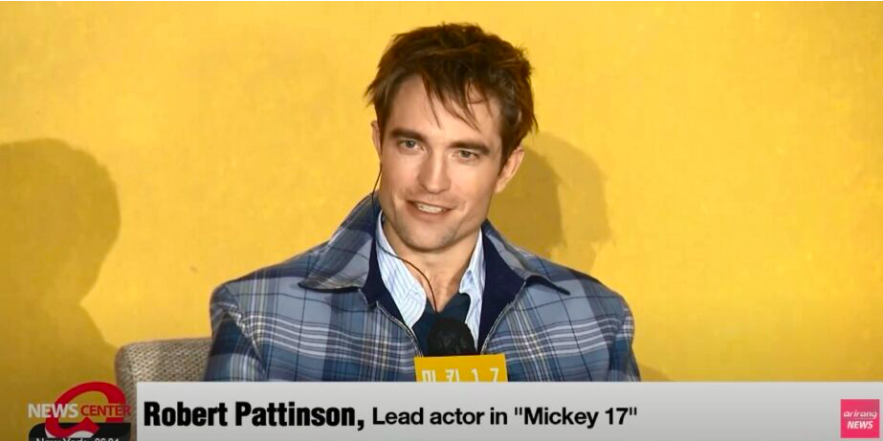 This contain an image of Pattinson sharing interesting anecdotes about filming Mickey 17.