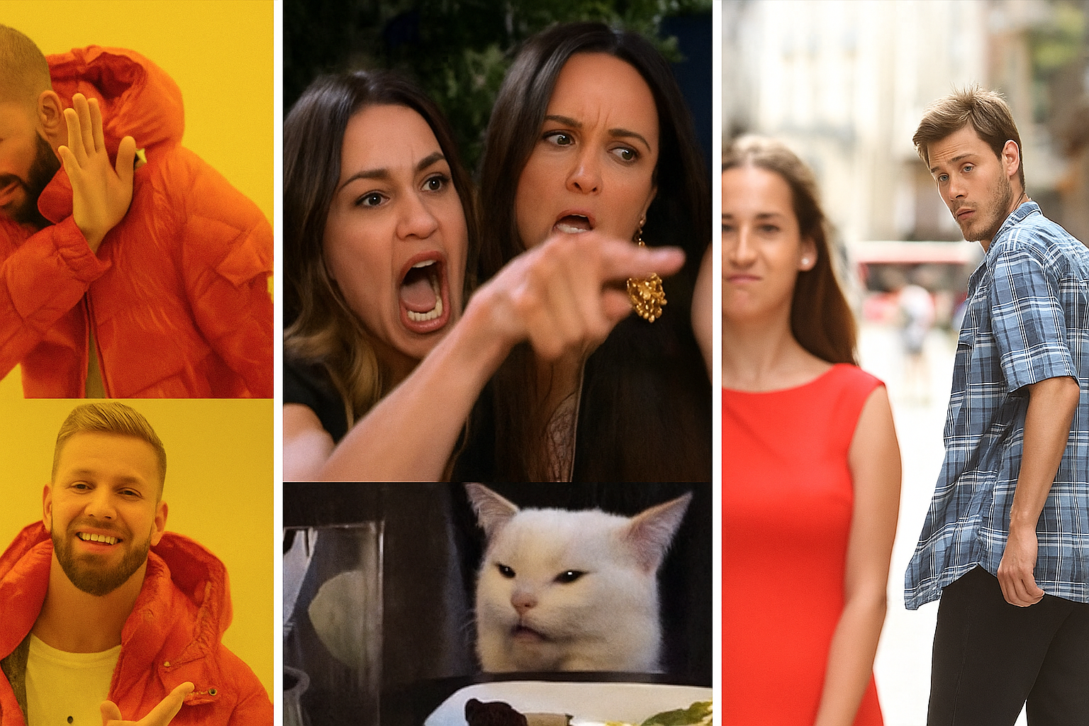 Meme collage showing AI-driven face-swaps applied to popular templates.