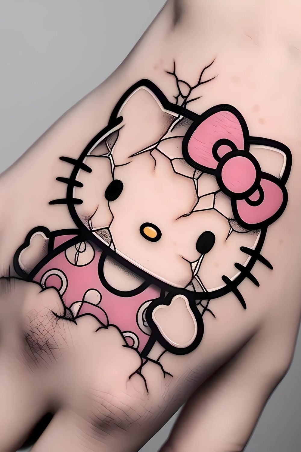 Hello Kitty with Broken Porcelain Effect Tattoo
