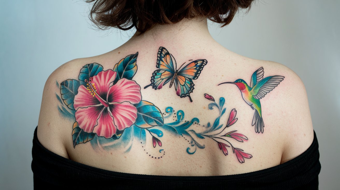 Hibiscus, Butterfly, and Hummingbird Tattoo on Shoulder