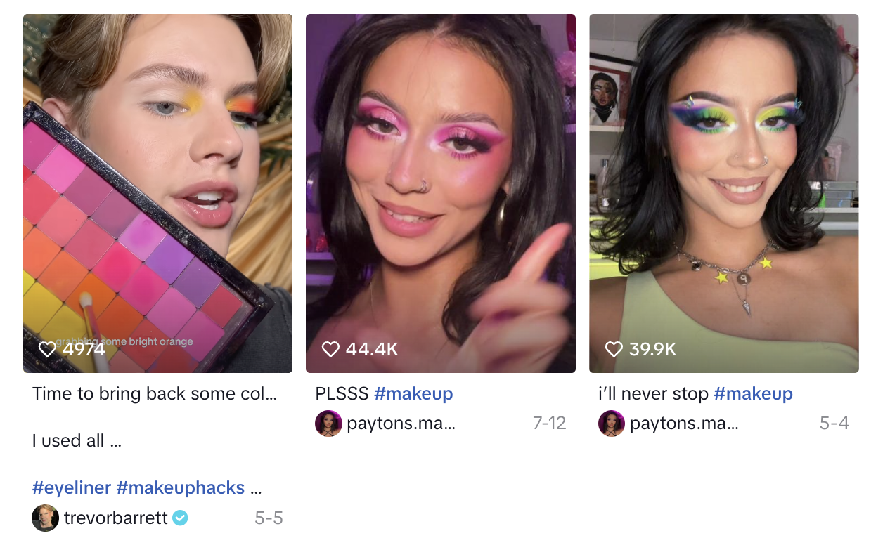 Three creators wearing bold, colorful eye makeup looks in TikTok-style thumbnails with high engagement counts.