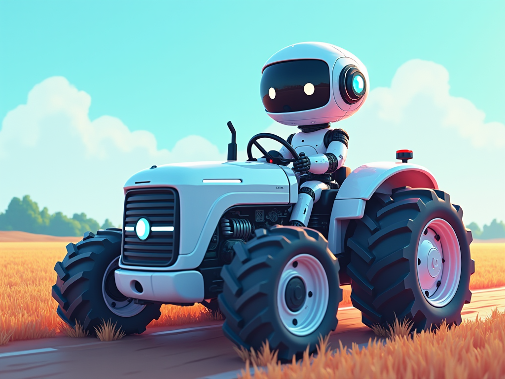 A robot driving a tractor to depict AI driven agriculture