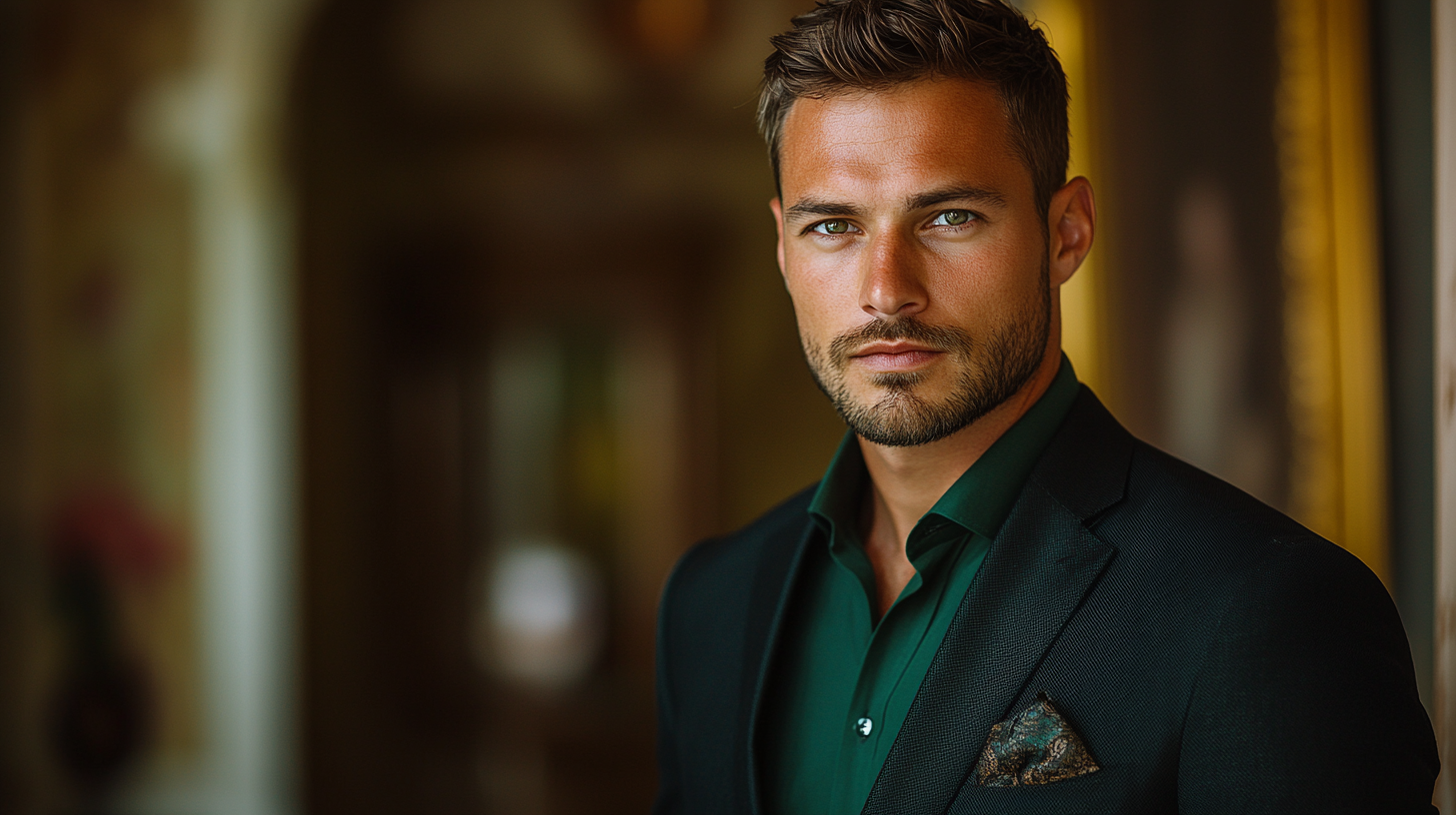 A groom in a perfectly tailored black suit, wearing a bold green shirt underneath. The green shirt, in shades like vibrant emerald or soft sage, creates a striking contrast with the black suit, giving a modern, stylish edge to the look. The combination is both bold and sophisticated, standing out while maintaining a refined and polished appearance. The groom looks confident and fashionable, with carefully selected accessories like a sleek tie or pocket square and polished shoes. The scene is set in a chic wedding venue, capturing the groom’s unique and stylish presence as he prepares to walk down the aisle, blending classic elegance with a modern twist.