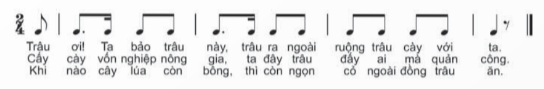 HOẠT ĐỘNG KHỞI ĐỘNG- GV trình chiếu bài ca dao Trâu ơi ta bảo trâu này cho HS quan sát. Trâu ơi ta bảo trâu này,Trâu ra ngoài ruộng trâu cày với ta.Cấy cày vốn nghiệp nông gia,Ta đây trâu đấy, ai mà quản công.Khi nào cây lúa còn bông,Thì còn ngọn cỏ ngoài đồng trâu ăn.- GV tổ chức cho HS luyện tập bài ca dao trên theo nhóm (4 HS) theo mẫu tiết tấu HOẠT ĐỘNG HÌNH THÀNH KIẾN THỨC- GV tổ chức cho HS chơi trò chơi “Nhìn nhanh – đoán tài”. - GV chia HS thành nhóm (4 HS) và yêu cầu: Liệt kê những động từ chỉ âm thanh, nhịp điệu mà bức tranh phản ánh. Nội dung ghi nhớ:- Những động từ chỉ âm thanh, nhịp điệu trong tranh là: + Thổi sáo – tiếng sáo véo von+ Đánh trống con  - âm thanh vui nhộn, dứt khoát. + Gõ phách – âm thanh trong trẻo. + Tiếng chú trâu bước, gọi đàn trên đồng. + Tiếng đàn vịt kêu – cạp cạp. + Tiếng gà gáy – ò ó o. + Tiếng chim hót – líu lo. +  Tiếng gió đồng nội – rì rào.+ Tiếng gió trong những khóm cây – xào xạc. HOẠT ĐỘNG LUYỆN TẬP, THỰC HÀNH