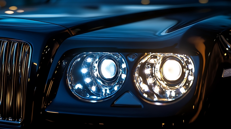 Car with LED headlights shining