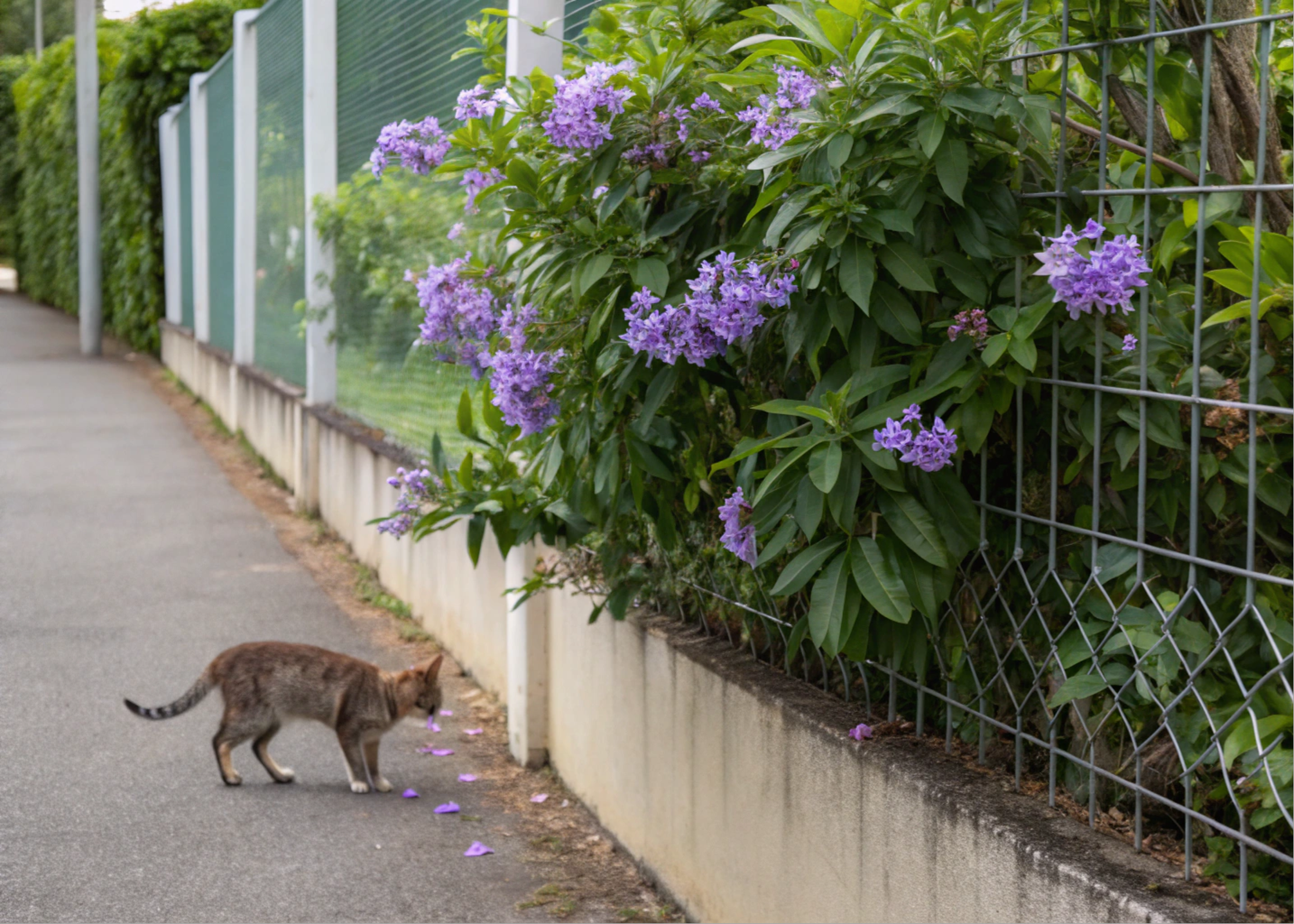 Cipó-Alho florescendo ao longo da cerca, com um gato ao fundo