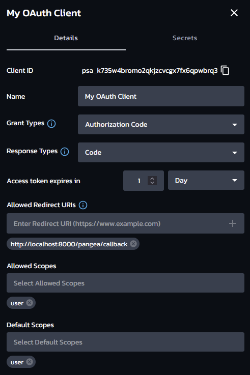 A screenshot of what the new OAuth client should look like in Pangea AuthN.