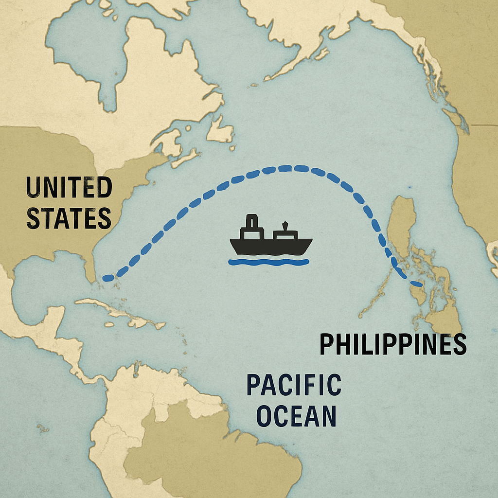 Map showing shipping route from US to Philippines