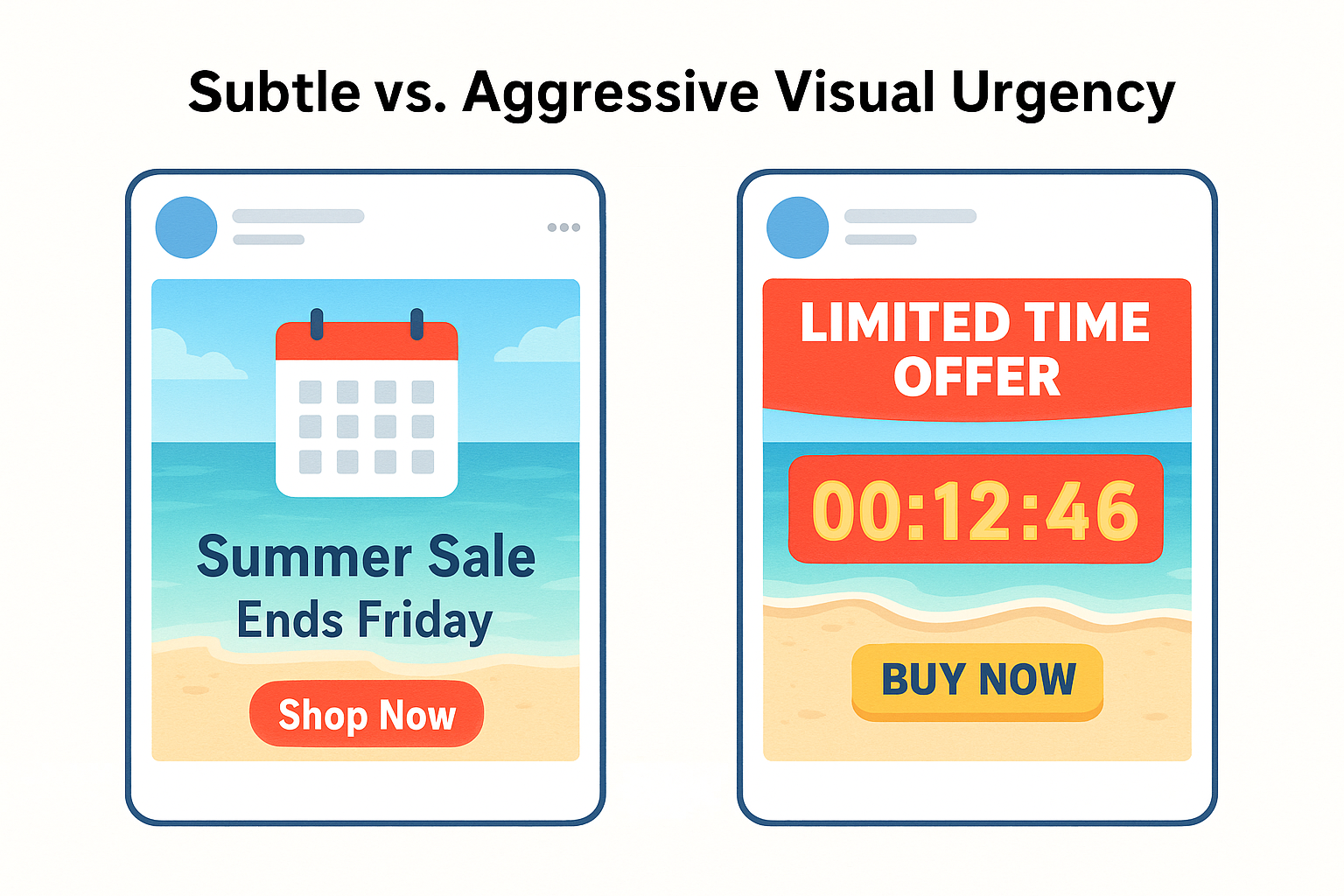 Side-by-side Facebook ad mockups comparing subtle and aggressive urgency. Left shows “Summer Sale Ends Friday,” right shows countdown and bold “Buy Now.”