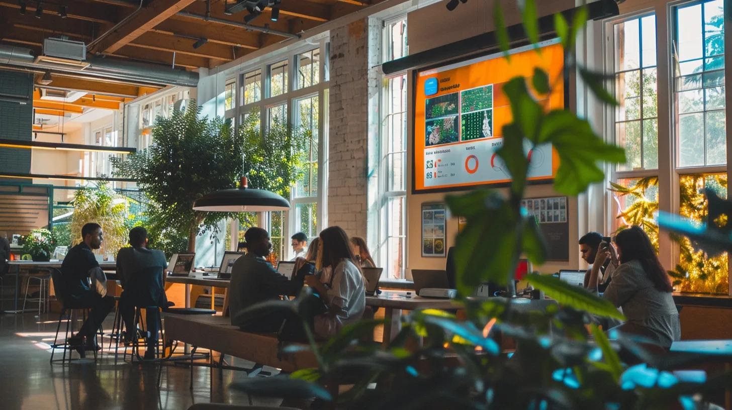 a sleek, modern office workspace features a large digital screen displaying colorful infographics that illustrate the four main types of user search intent, surrounded by professionals engaged in focused discussions to optimize their digital content strategy.