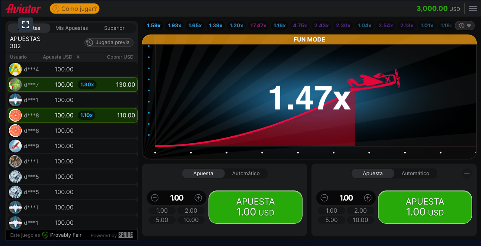 Aviator en modo diversión con multiplicador de 1.47x, mostrando apuestas en 1Win.