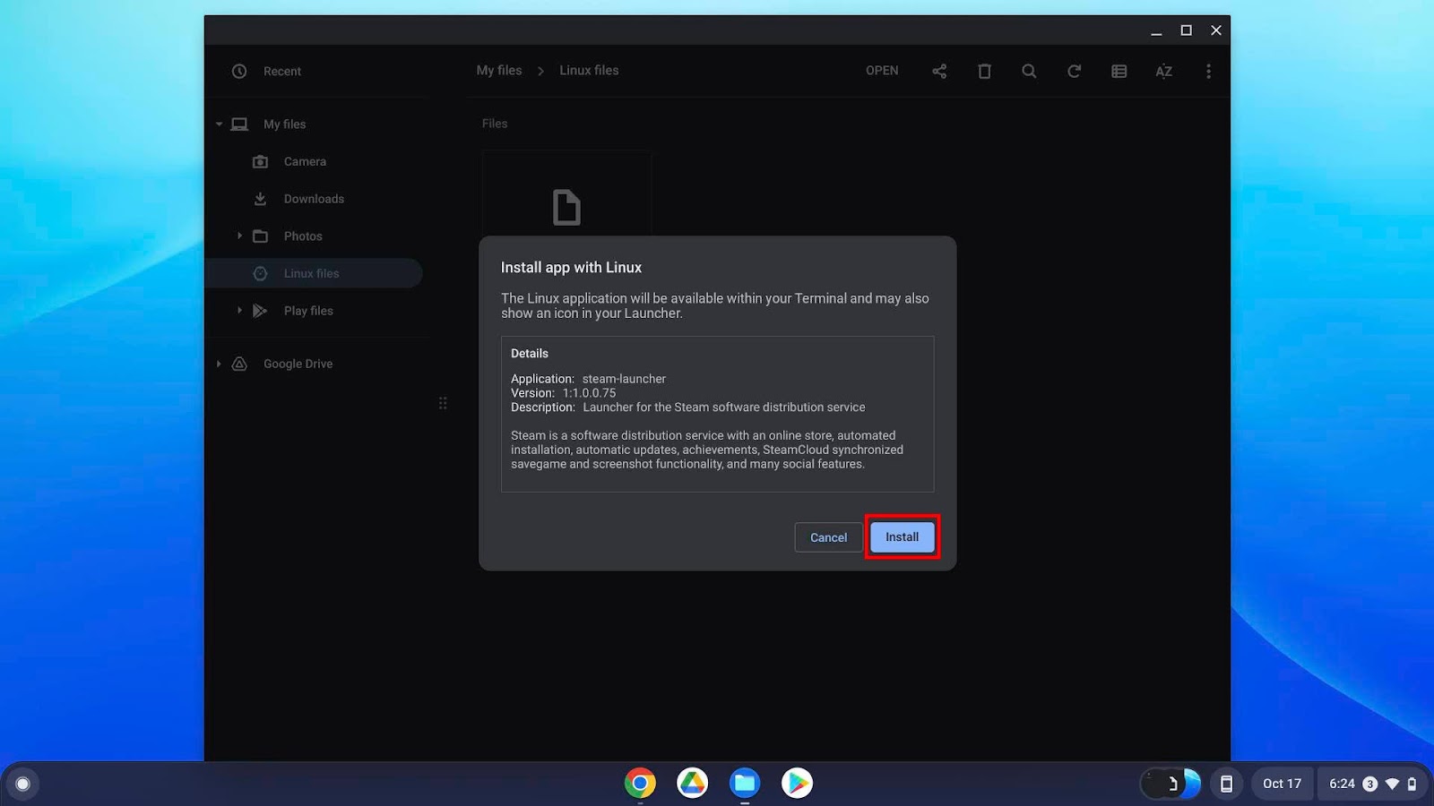 click ‘Install,’ and watch as your Chromebook installs the Linux app