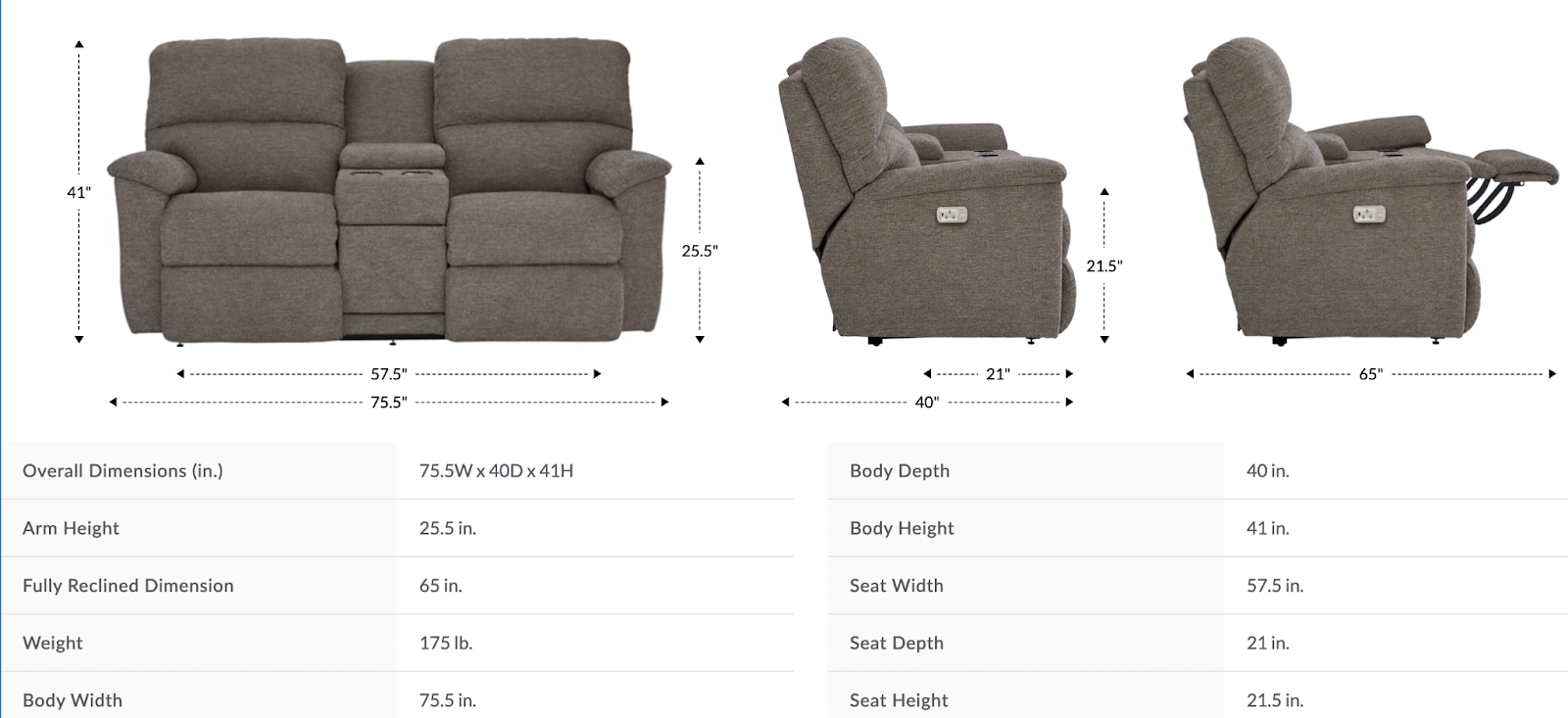 brooks power reclining loveseat w/ headrest & console dimensions