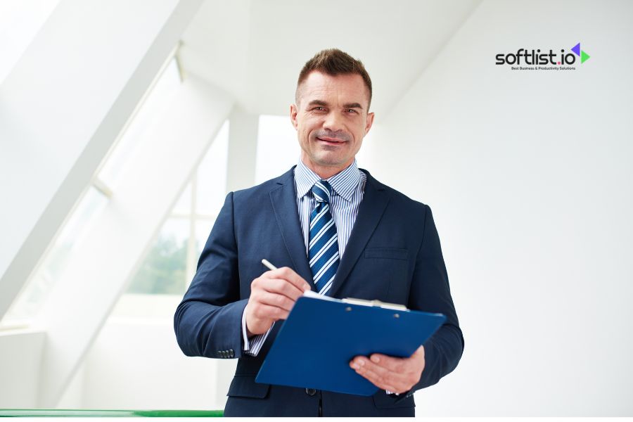 Man in suit holding clipboard and pen, smiling with Softlist.io branding