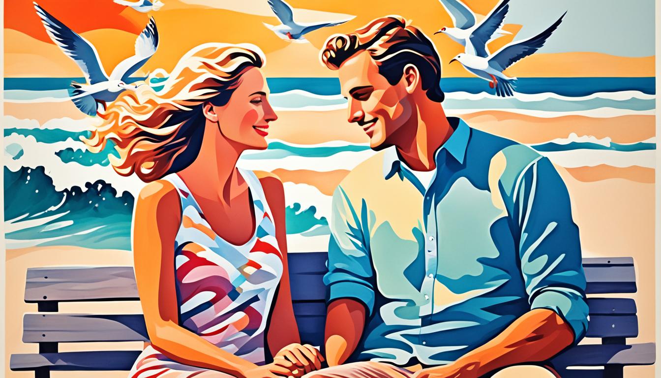 A couple sitting together on a bench by the beach, holding hands and looking into each other's eyes. In the background, the ocean waves are crashing and seagulls are flying in the sky. There is a sense of peace and harmony in the air, as if the universe is aligning to bring them closer together. The colors are warm and inviting, with shades of pink, orange and yellow blending seamlessly into each other. The couple's body language is open and relaxed, showing that they trust each other completely. There is a feeling of hope and excitement in the air, as if anything is possible when two people truly believe in their love for each other.