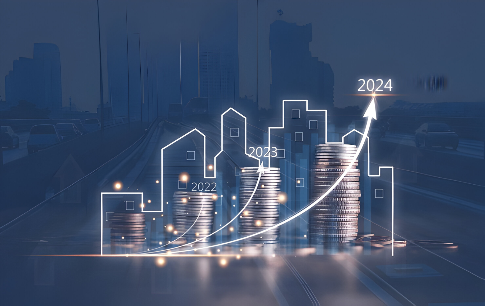 Graph showing financial growth from 2022 to 2024 with cityscape and coin stacks, illustrating how accountants handle international tax issues.