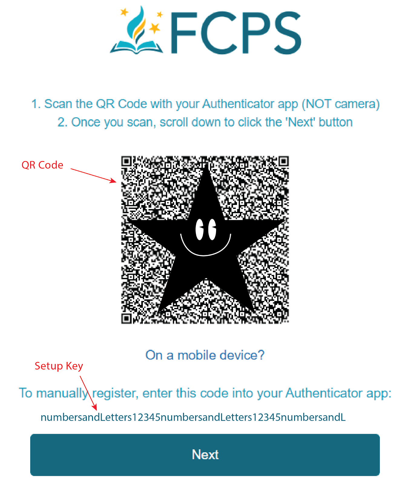 image depicting the Screenshot of sample QR code and setup key option