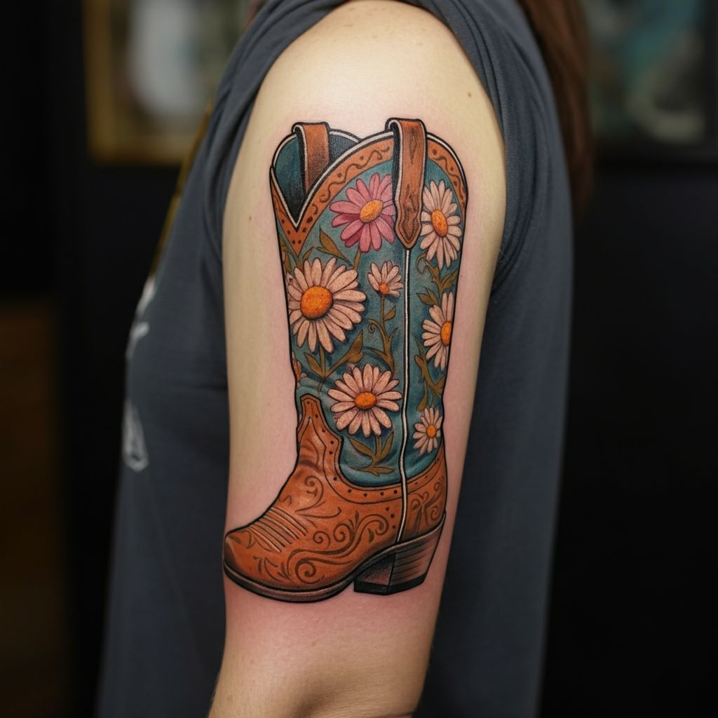 Floral Cowboy Boot Tattoo