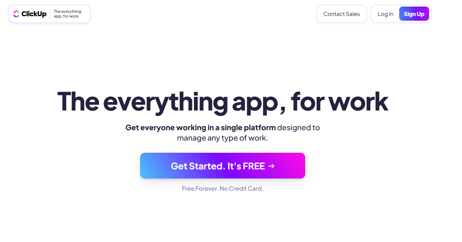 Image showing ClickUp landing page with bold headline and colorful CTA button.

