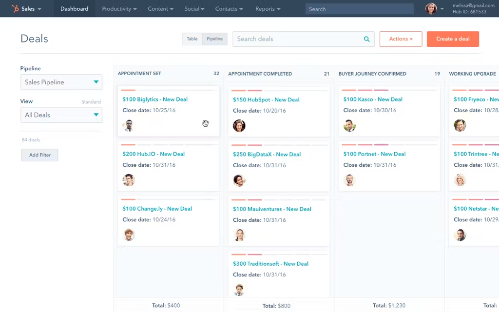 Hubspot CRM: Deals interface