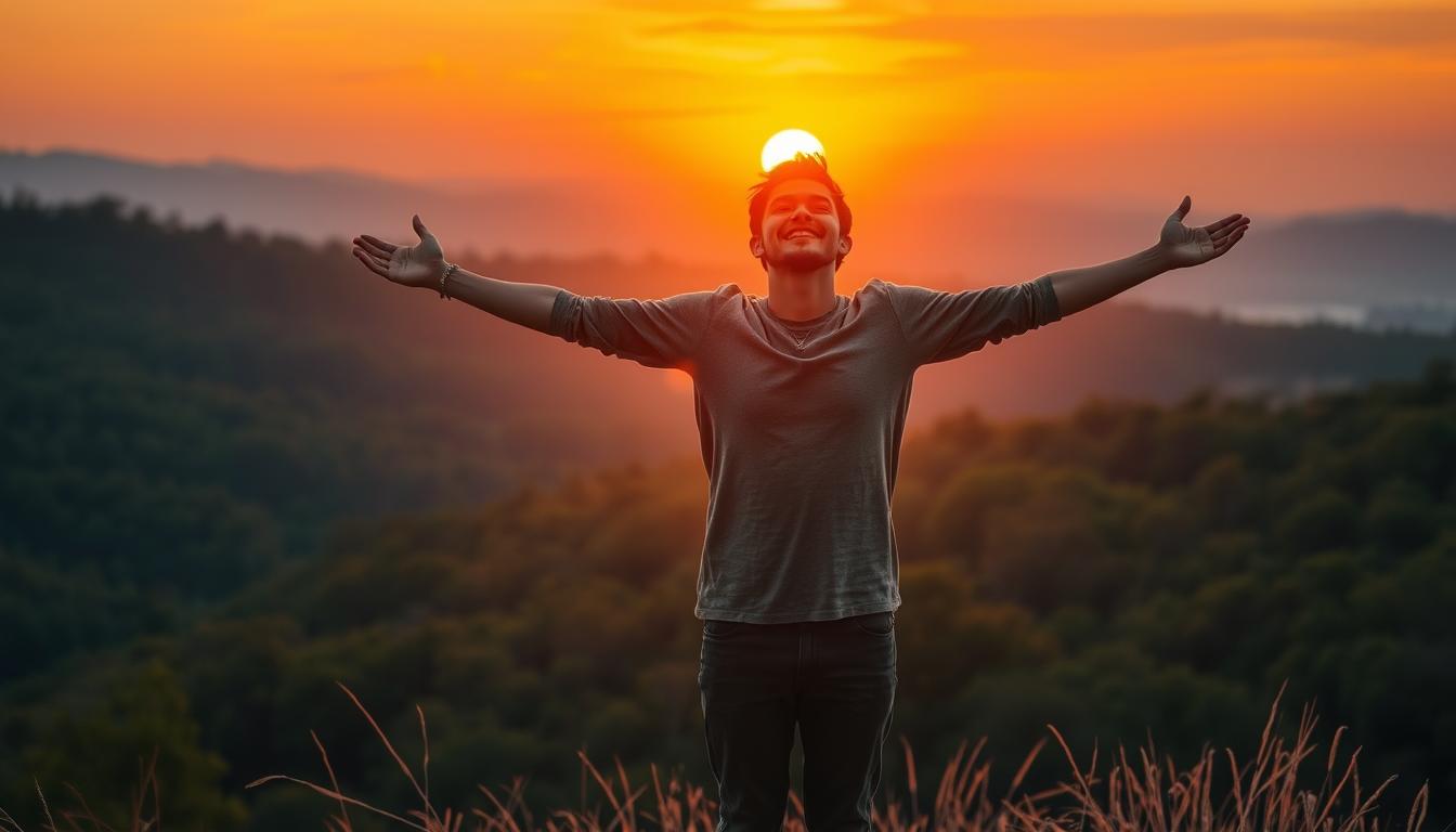 A person standing on a hill with arms outstretched, surrounded by a golden glow. In the background, a lush forest and a vibrant sunset sky. The person's expression is peaceful and content, as if they are filled with gratitude for the beauty around them.