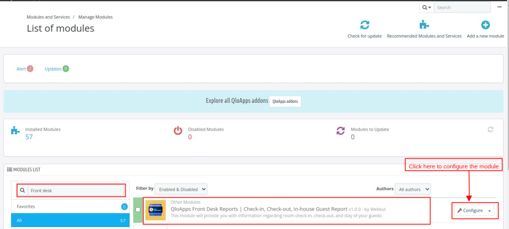 QloApps Front Desk Reports, Search for Front Desk Reports module and select to configure it.