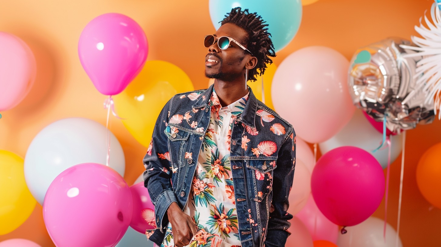 A man dressed for a themed birthday party, showing a balanced look that nods to the theme without going full costume. Outfits include a sleek all-black look with silver accessories, a tropical style with a floral shirt and relaxed fit, or a 90s throwback with a denim jacket and high-top sneakers. Each look is playful yet polished, with thoughtful accessories to match the theme while staying stylish and confident.