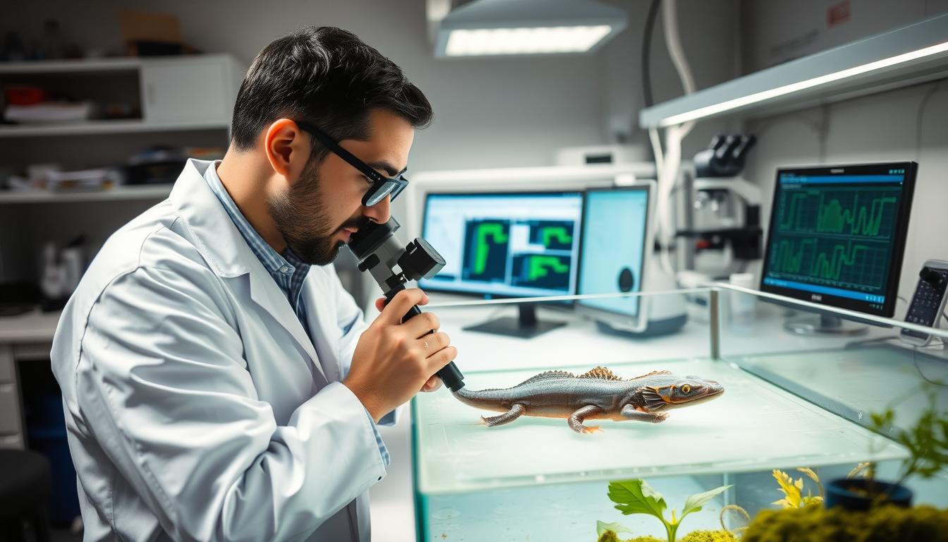 Scientist studying axolotl regeneration in a laboratory setting