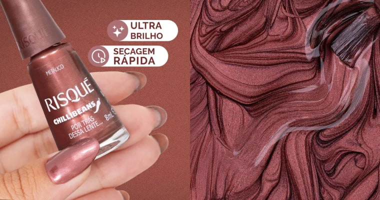 A imagem mostra uma mão com as unhas pintadas segurando o esmalte Risqué Risqué & Chilli Beans Por Trás Dessa Lente Metálico