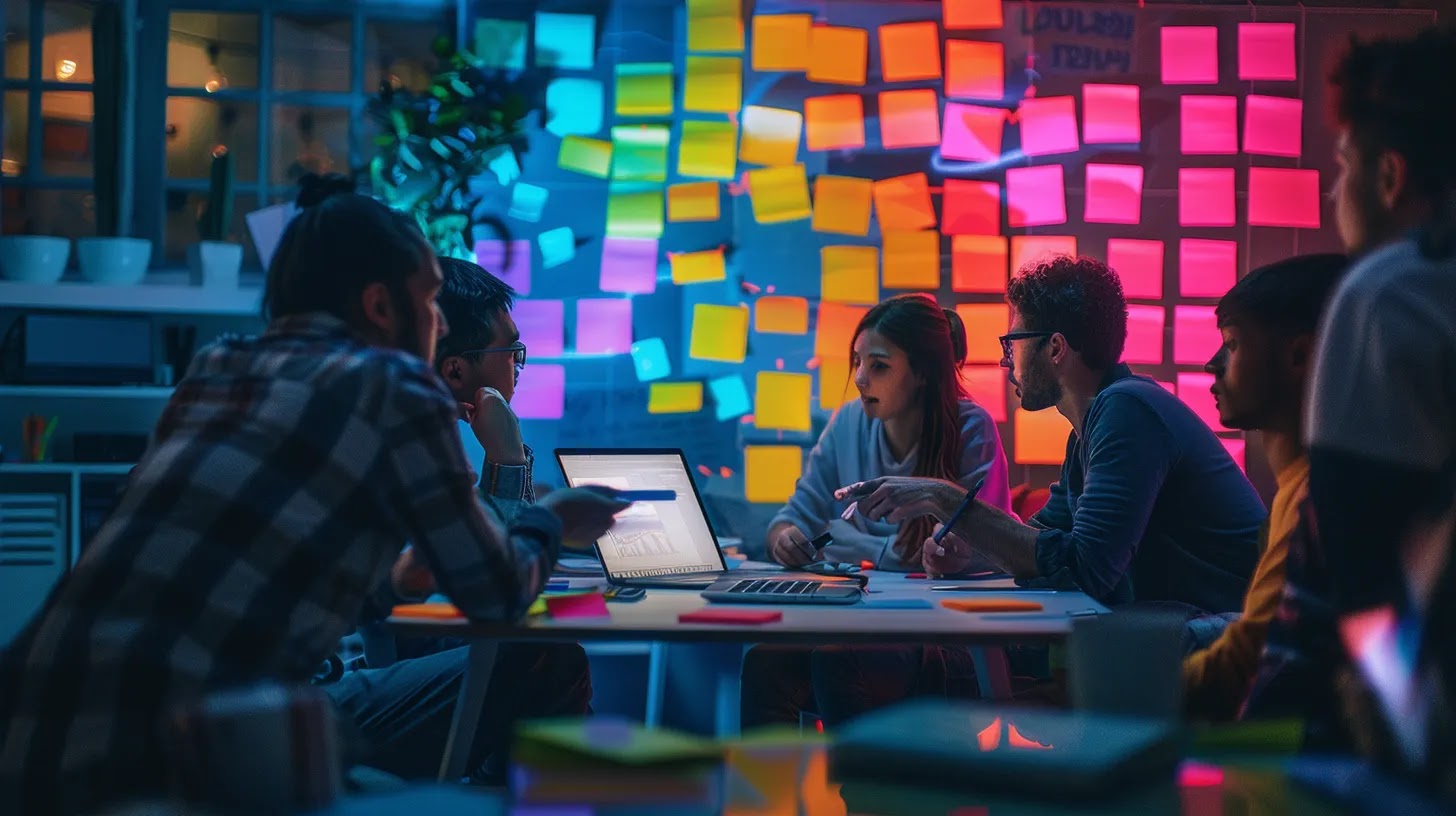 a vibrant scene of a diverse group of individuals passionately engaged in a collaborative brainstorming session, immersed in discussions about core values, with a backdrop of colorful sticky notes and a glowing light that symbolizes empowerment and connection.