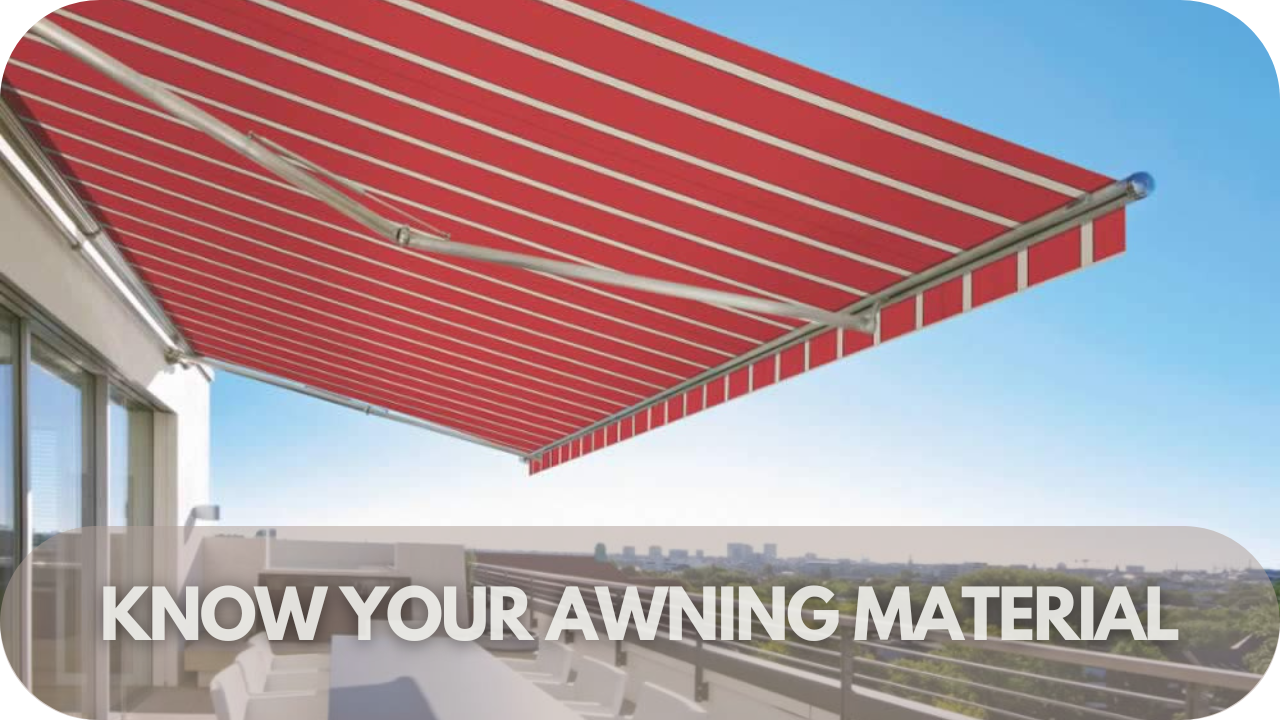 Different types of window awning materials, including fabric, metal, and polycarbonate, showcasing durability and style