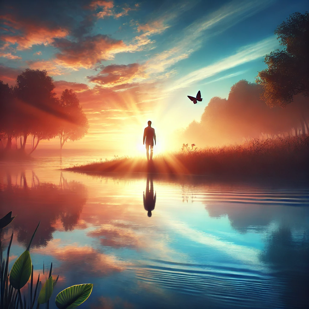 A peaceful sunrise scene with soft, warm colors illuminating a calm body of water. A person stands at the water's edge in quiet reflection, surrounded by trees and nature. The sun's reflection on the water creates a tranquil atmosphere, symbolizing new beginnings and personal growth. The overall scene evokes serenity, transformation, and the start of a journey.