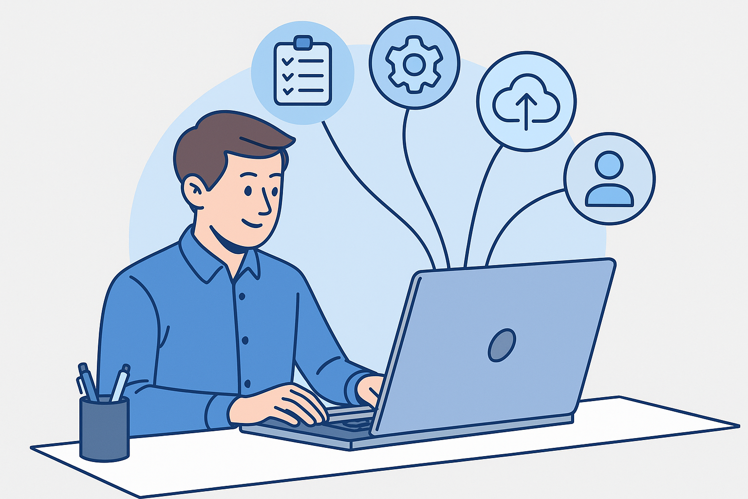 A flat-style digital illustration of a professional setting up pre-accounting software. The scene includes a computer screen showing secure document transfer to cloud storage, with labeled folders and automation icons. The user appears focused and organized, symbolizing the steps to get started with document automation.