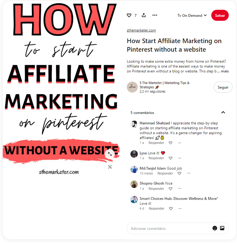 Pin de artigo ensinando a fazer marketing de afiliados no Pinterest sem um website