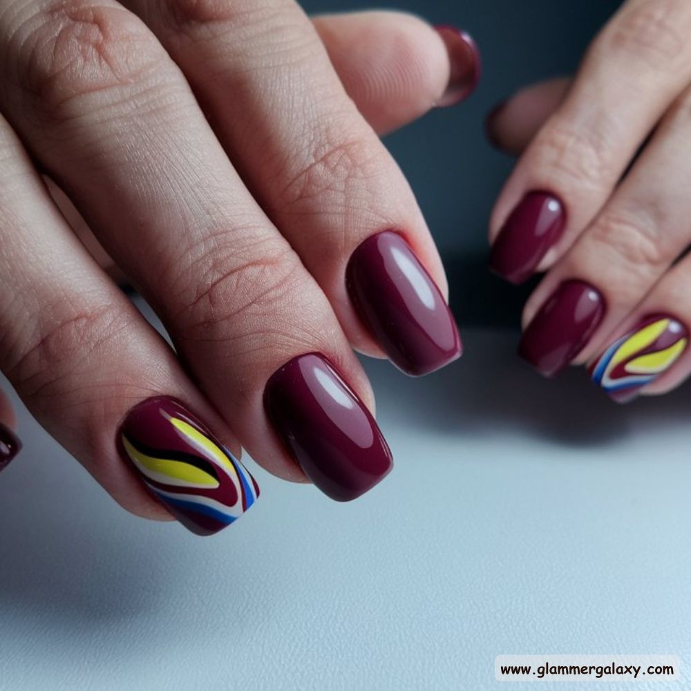 Burgundy fall Nails with Funky Swirl Accents