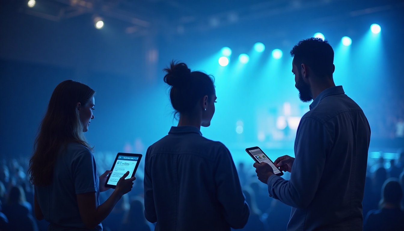 Venue management team using music venue management software on mobile devices