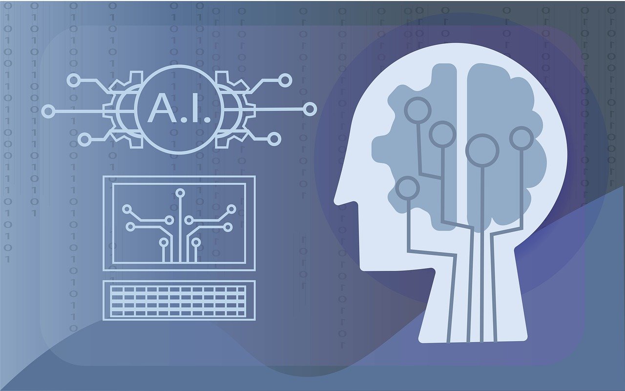 A digital image of a human head with circuit-like brain patterns next to a computer screen displaying AI-related graphics