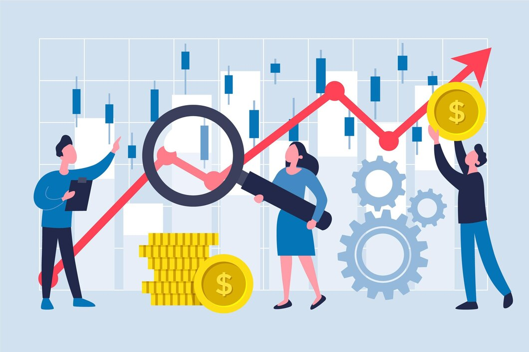 A graphics shows a business team analyzing data on chart using magnifying glass.