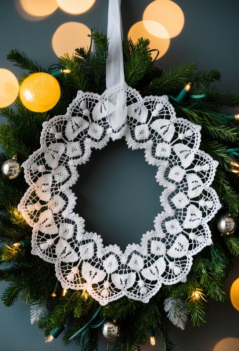 A Victorian lace wreath adorned with intricate patterns and delicate details, surrounded by festive greenery and twinkling lights