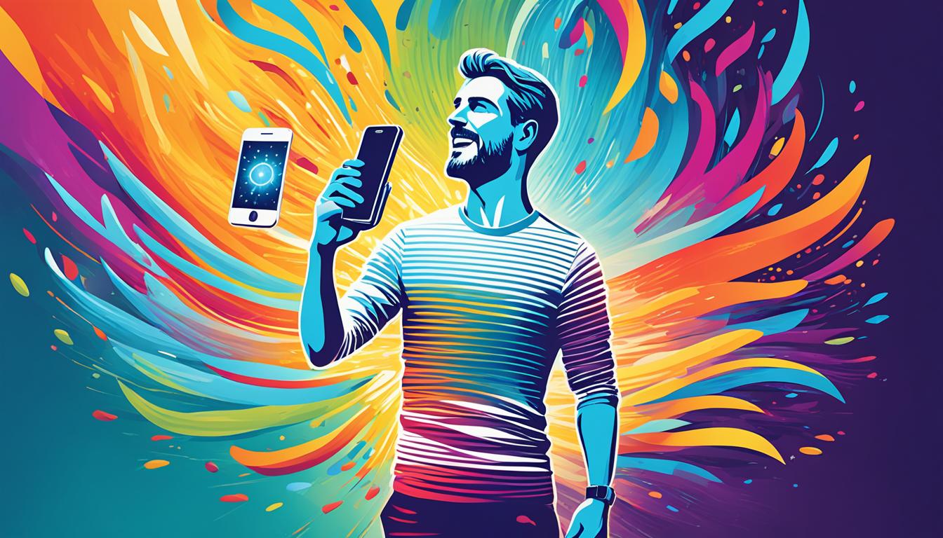 An image of a person standing confidently with their phone in hand, imagining a stream of positive thoughts flowing towards them and into their phone, representing the power of positive thinking in manifesting text replies. The person's body language should exude optimism and self-assurance, while the stream of positive thoughts can be depicted as vibrant colors or symbols entering the phone. The overall image should convey a sense of hopefulness and belief in the ability to attract desired outcomes through positive visualization.