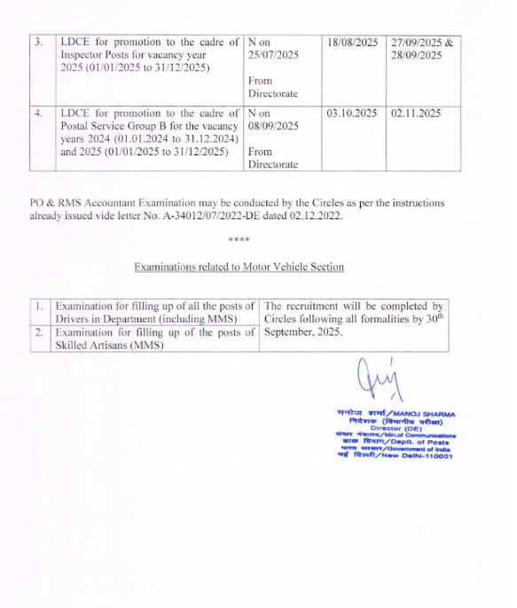 Departmental Examination Schedule for Department of Posts 2025 | DOP Exam Calendar 2025