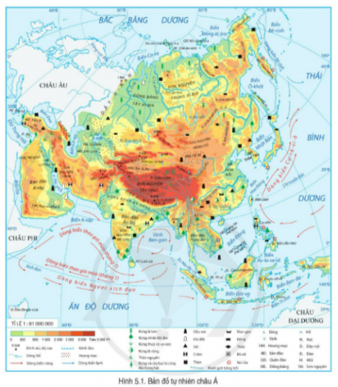 BÀI 5. VỊ TRÍ ĐỊA LÍ, PHẠM VI VÀ ĐẶC ĐIỂM TỰ NHIÊN CHÂU ÁVị trí địa lí và phạm vi châu ÁCâu 1: Đọc thông tin và quan sát hình 5.1, hãy trình bày đặc điểm vị trí địa lí, hình dạng và kích thước châu Á.Đáp án chuẩn: - Vị trí địa lí: Châu Á nằm trải dài trong khoảng từ vùng cực Bắc đến khoảng 10độN- Hình dạng: hình khối, bờ biển bị chia cắt mạnh bởi các biển và vịnh biển. - Kích thước: rộng nhất thế giới, khoảng 44,4 triệu km2 Đặc điểm thiên nhiênCâu 1: Đọc thông tin và quan sát hình 5.1, hãy:- Nêu đặc điểm địa hình và khoáng sản của châu Á- Nêu ý nghĩa của đặc điểm địa hình và khoáng sản đối với việc sử dung và bảo vệ tự nhiên châu Á. Đáp án chuẩn: Châu Á có địa hình đa dạng với núi, cao nguyên, sơn nguyên chiếm 3/4 diện tích châu lục, kèm theo đồng bằng, vũng và vịnh. Điều này tạo điều kiện cho nhiều ngành kinh tế phát triển như nông nghiệp, khai thác khoáng sản, năng lượng thủy điện và du lịch.Câu 2: Đọc thông tin và quan sát hình 5.2, hãy:- Nêu đặc điểm khí hậu châu Á.- Nêu ý nghĩa của khí hậu đối với việc sử dụng và bảo vệ tự nhiên châu Á.Đáp án chuẩn: - Đầy đủ các đới khí hậu: khí hậu lục địa, khí hậu gió mùa- Điều kiện có cơ cấu cây trồng, vật nuôi đa dạng. Câu 3: Đọc thông tin và quan sát hình 5.1, hãy:- Nêu đặc điểm sông, hồ của châu Á.- Nêu ý nghĩa của đặc điểm sông, hồ đối với việc sử dụng và bảo về tự nhiên ở châu Á.Đáp án chuẩn: Nhiều hệ thống sông lớn, phân bố không đều và có chế độ nước phức tạp. - Ý nghĩa quan trọng đối với kinh tế, đời sống môi trường tự nhiên. LUYỆN TẬPCâu 1: Hãy xác định các khu vực địa hình (núi, cao nguyên, sơn nguyên, đồng bằng) và các khoáng sản chính, các sông lớn của châu Á trên hình 5.1.Đáp án chuẩn: - Núi: Himalaya, Thiên Sơn, Côn Luân, Đại Hưng Nam, Hindu Cuc, Antai, Uran,...- Cao nguyên: Mông Cổ- Sơn nguyên: Iran, Đê can, Tây Tạng, Trung Xibia, Arap, - Đồng bằng: Tây Xibia, Hoa Bắc, Lưỡng Hà, Ấn Hằng,..- Các khoáng sản chính: dầu mỏ, khí đốt, sắt, than, thiếc, boxit,...VẬN DỤNG