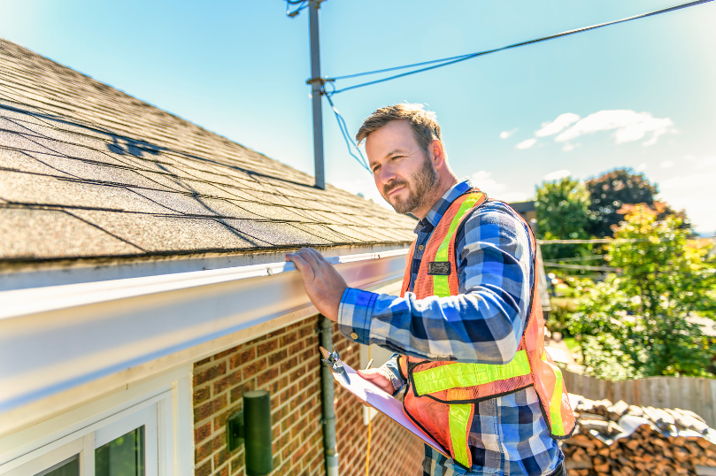 a man happily inspecting a roof