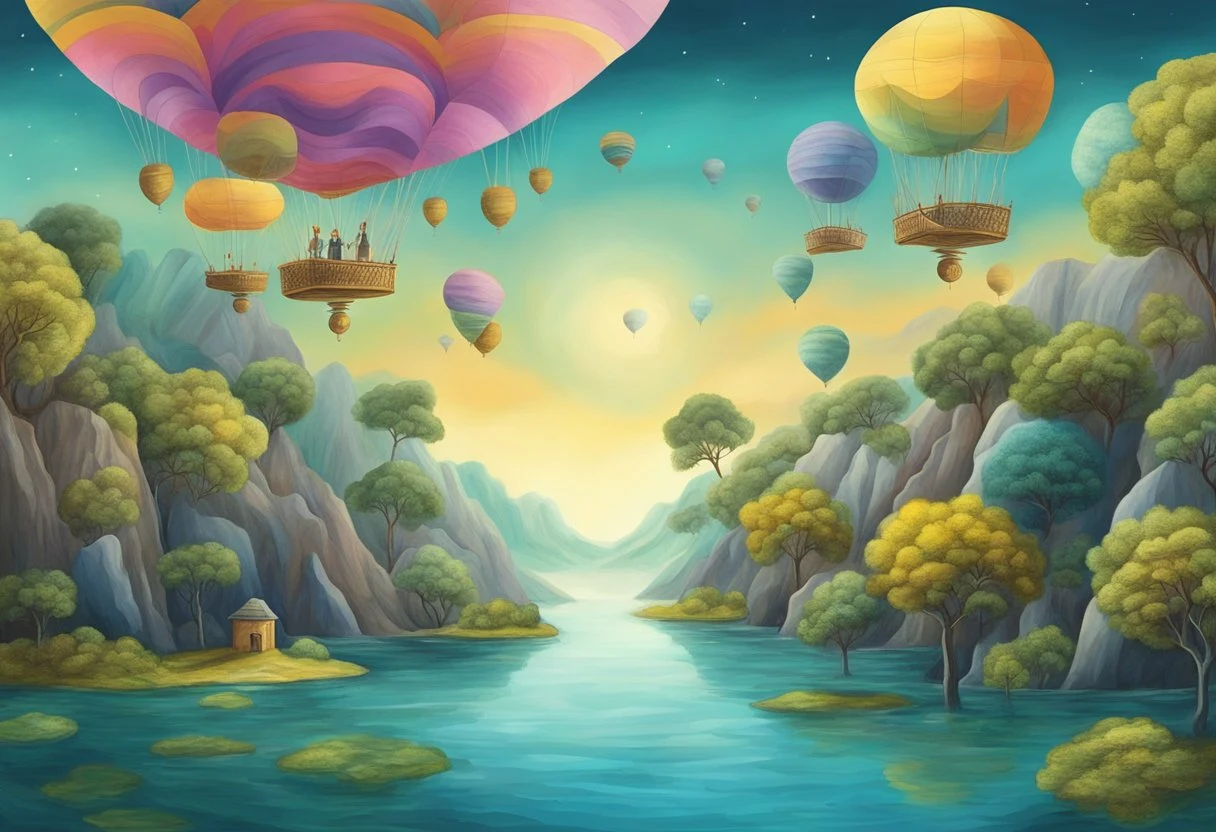 A surreal landscape with floating memories and vibrant colors, depicting the concept of Maya illusion from the book "Le pouvoir secret de soi"