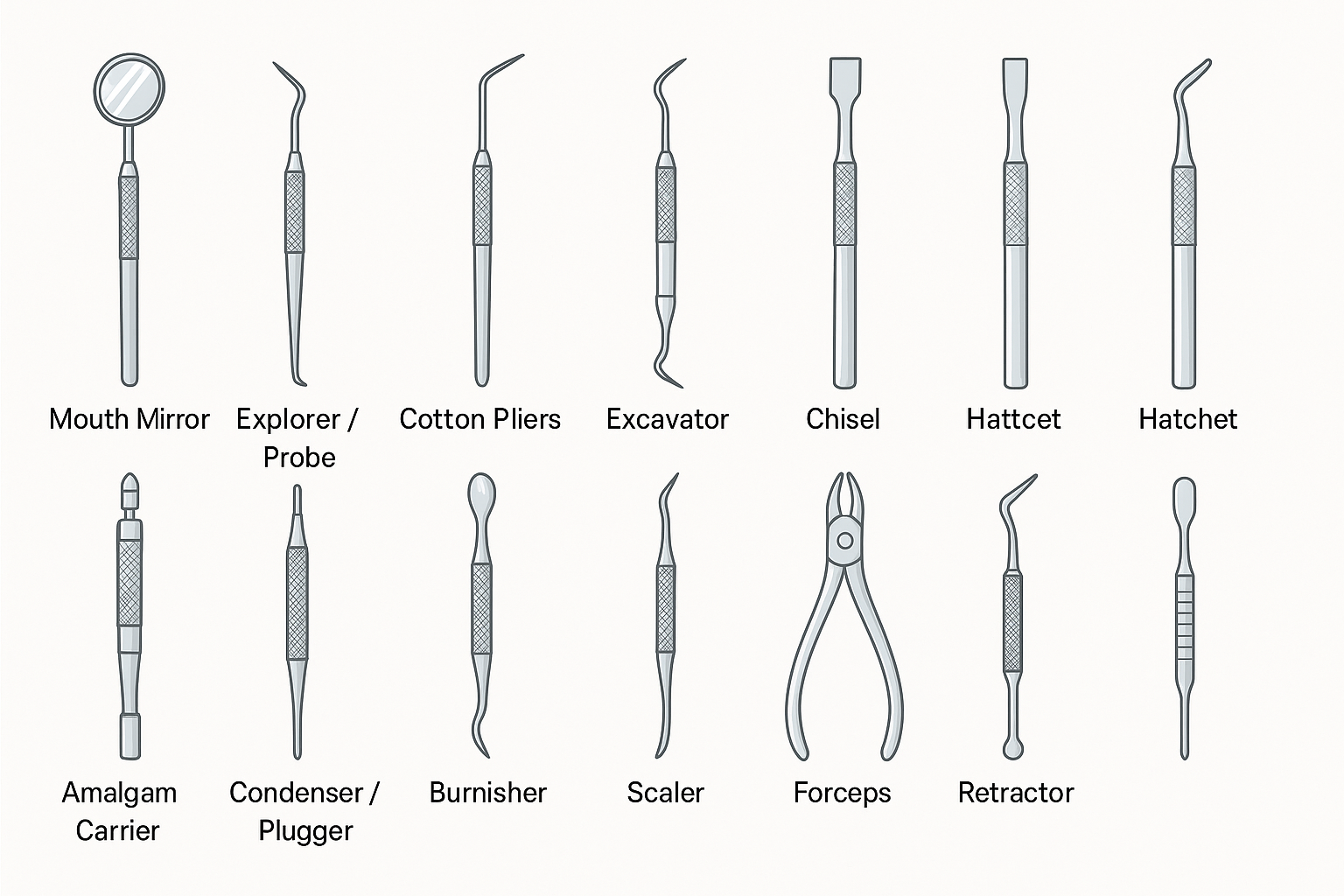 Labeled image of common dental instruments with names like probe, mirror, scaler, and excavato