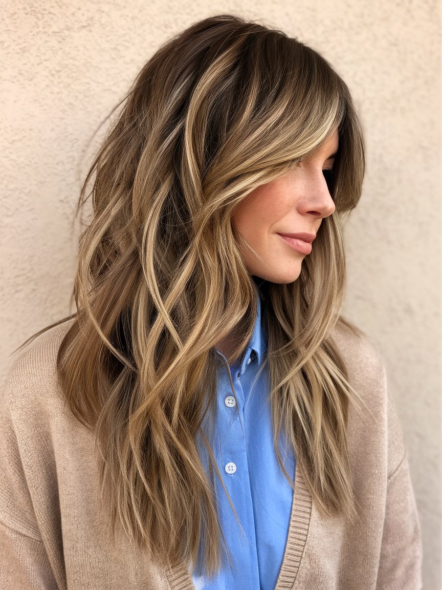 50. Long Hair with Volume-Boosting Layers and Side Bangs
