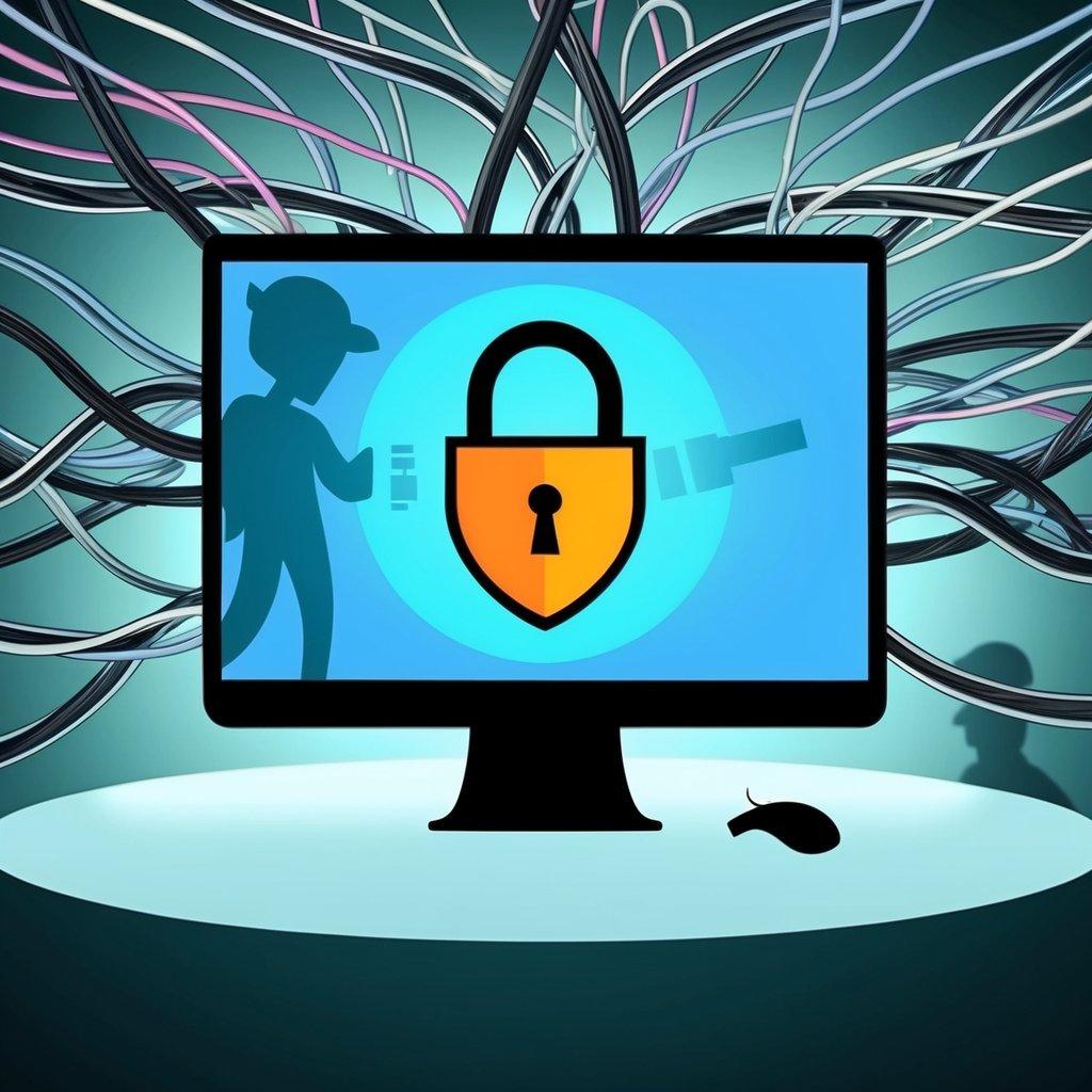 A computer screen with a lock symbol and a shield icon, surrounded by a web of tangled wires and a faint shadow of a hacker in the background